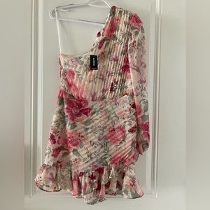 Express Floral One Shoulder Wrap Front Ruffle Romper
